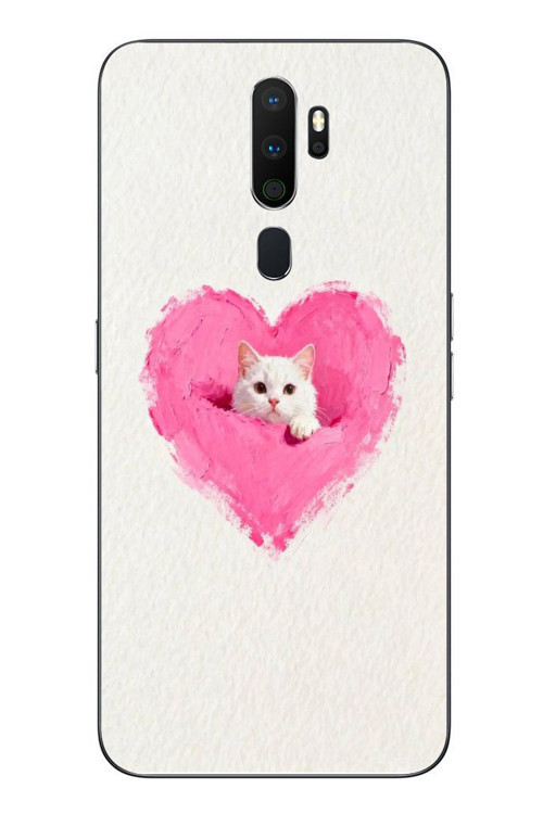Oppo A5 2020 Uyumlu Pembe Kalpli Kedi Baskılı Silikon Kılıf
