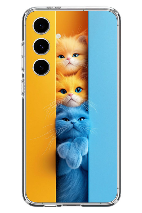 Samsung Galaxy S24 FE Uyumlu Mavi Sarı Kediler Baskılı Silikon Kılıf
