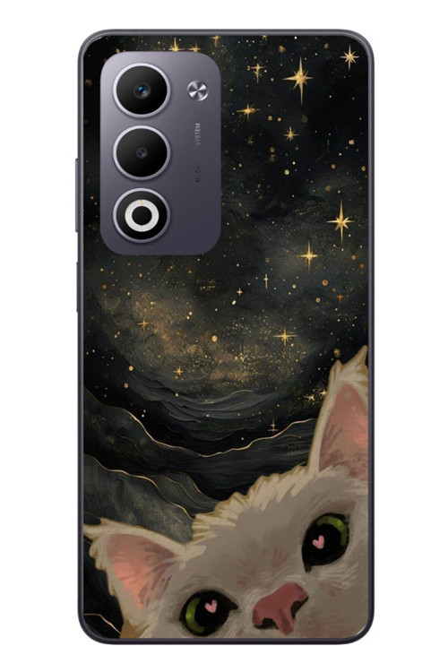 Oppo A5 4G Uyumlu Siyah Gökyüzülü Kedi Baskılı Silikon Kılıf
