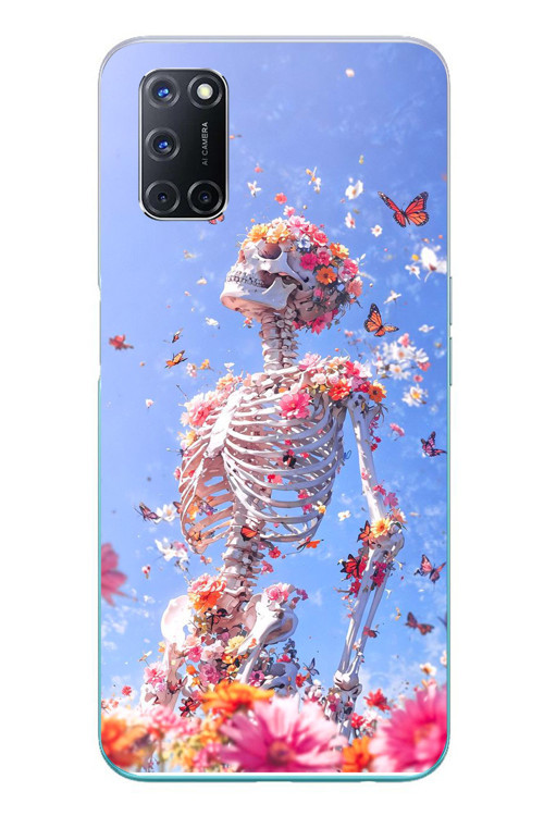 Oppo A52 Uyumlu İskelet Çiçekleri Baskılı Silikon Kılıf
