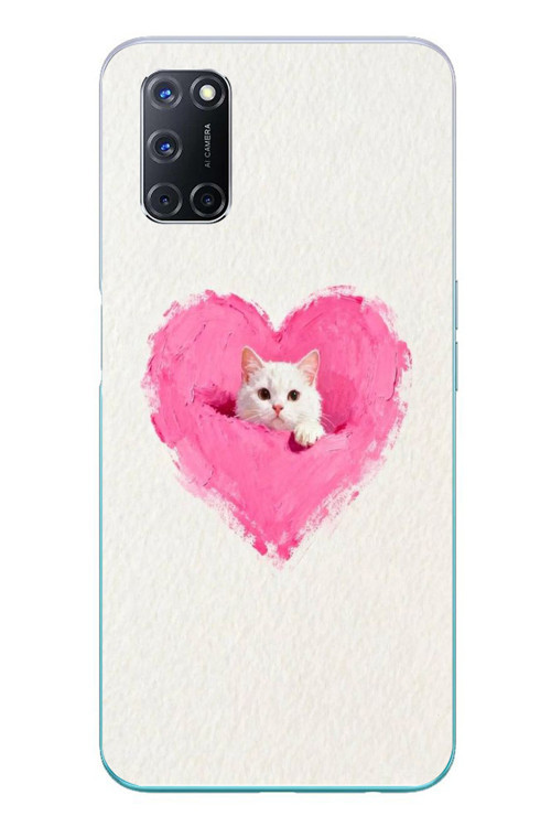 Oppo A52 Uyumlu Pembe Kalpli Kedi Baskılı Silikon Kılıf