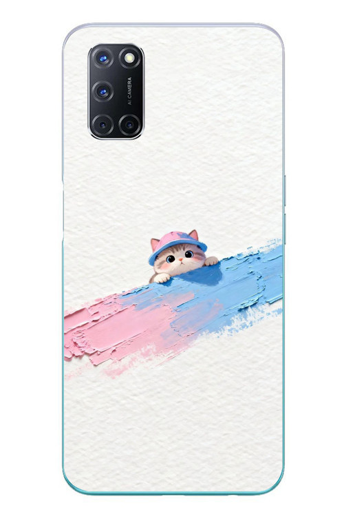 Oppo A52 Uyumlu Pembe Mavi Kedi Baskılı Silikon Kılıf