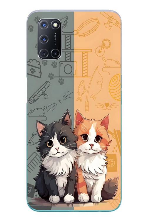 Oppo A52 Uyumlu Sarı ve Siyah Kedi Baskılı Silikon Kılıf