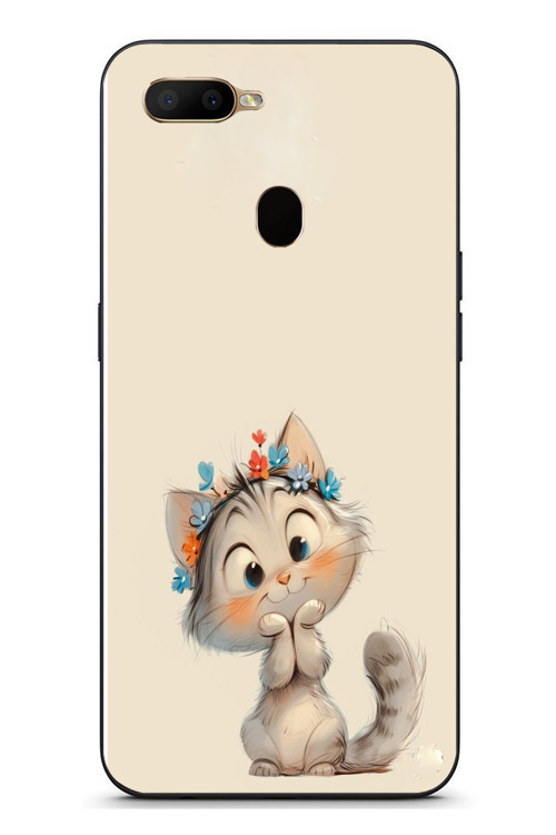 Oppo A5S Uyumlu Sevimli Çiçekli Kedi Baskılı Silikon Kılıf