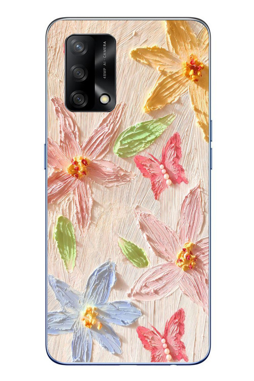 Oppo A74 Uyumlu Kelebekli Papatya Baskılı Silikon Kılıf