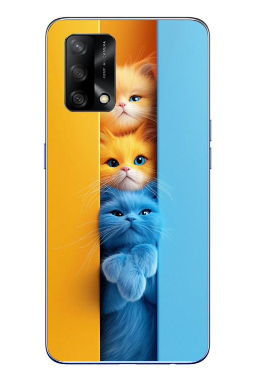 Oppo A74 Uyumlu Mavi Sarı Kediler Baskılı Silikon Kılıf