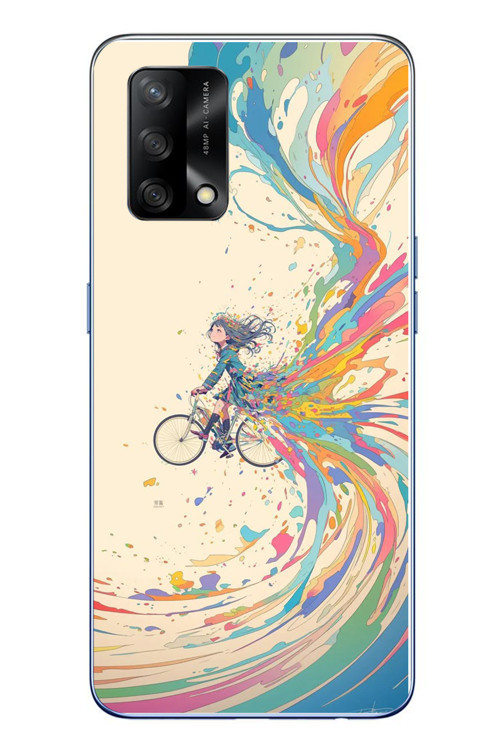Oppo A74 Uyumlu Rengarenk Bisikletli Kız Baskılı Silikon Kılıf