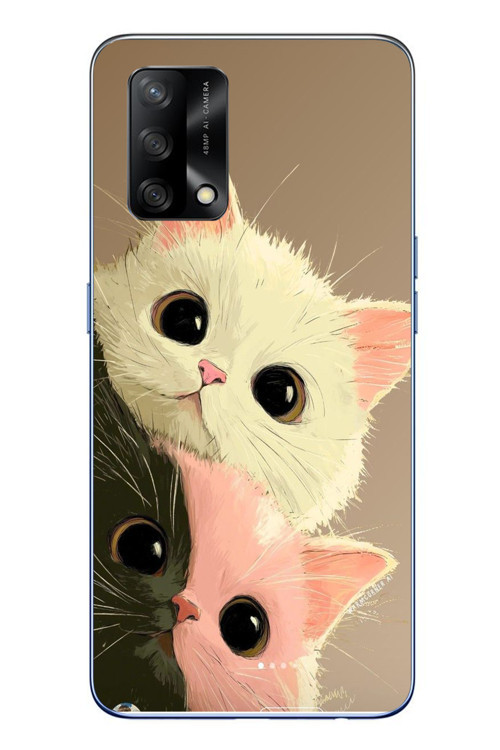 Oppo A74 Uyumlu Pembe Siyah Beyaz Kedi Baskılı Silikon Kılıf