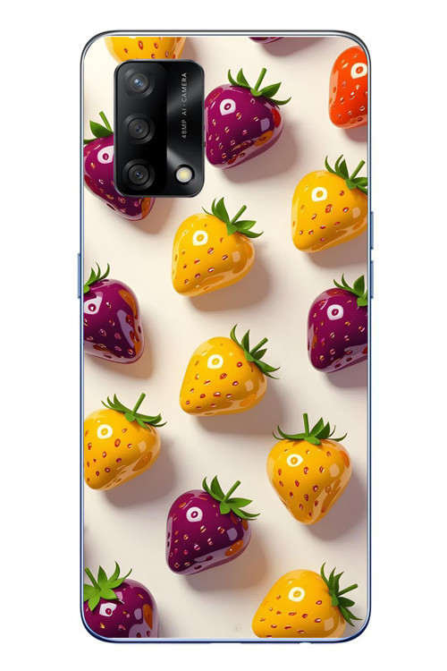 Oppo A74 Uyumlu Sarı Kırmızı Çilekler Baskılı Silikon Kılıf
