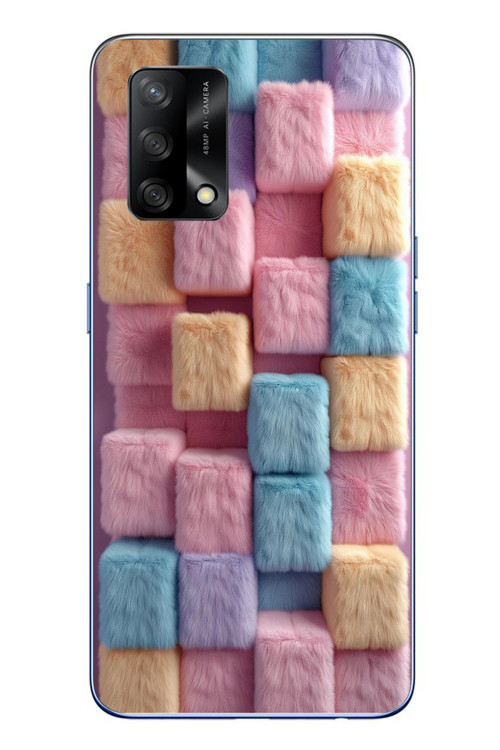 Oppo A74 Uyumlu Pembe Tüylü Kareler Baskılı Silikon Kılıf
