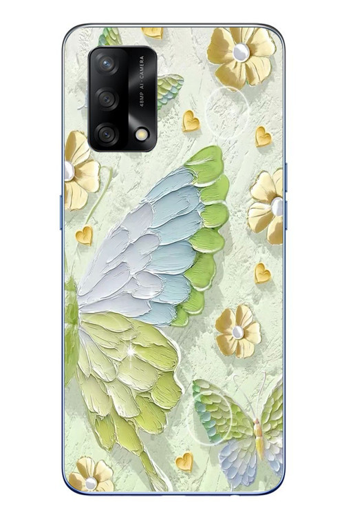 Oppo A74 Uyumlu Yeşil Mavi Kelebek Baskılı Silikon Kılıf