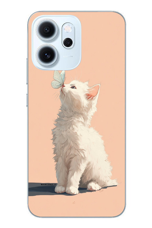 Oppo Reno 14F Uyumlu Beyaz Kelebekli Kedi Baskılı Silikon Kılıf