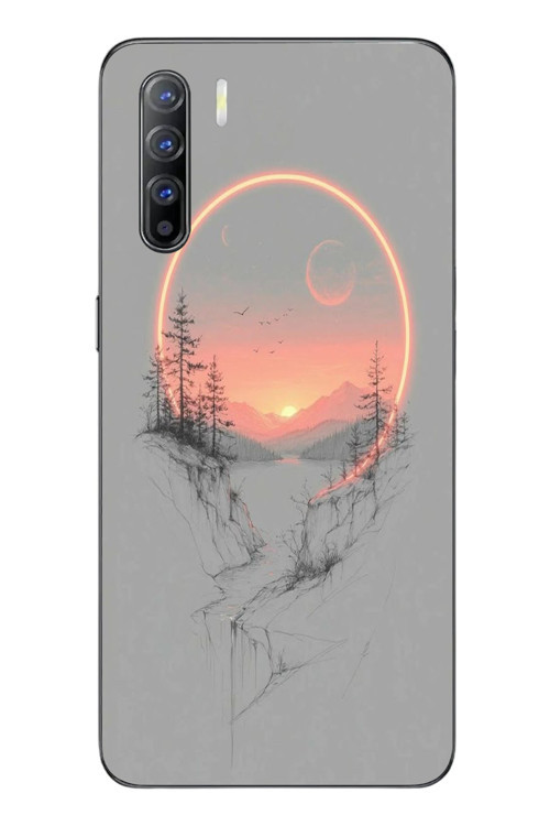 Oppo Reno 3 Uyumlu Günbatımı Mermer Desenli Baskılı Silikon Kılıf