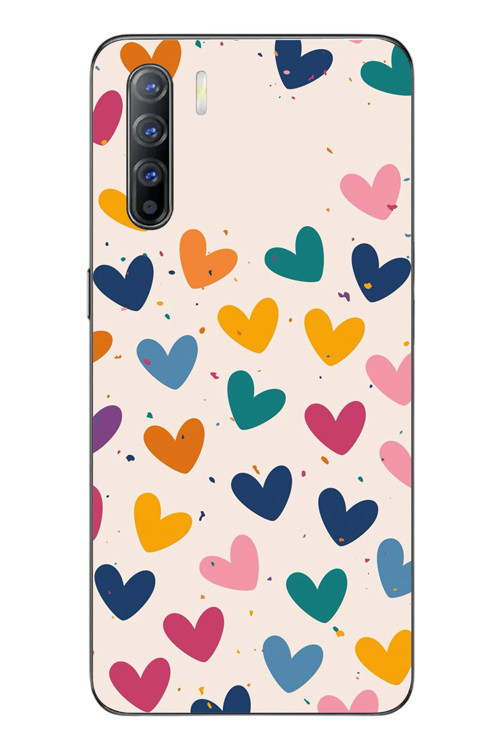 Oppo Reno 3 Uyumlu Mavi Sarı Kalpler Baskılı Silikon Kılıf