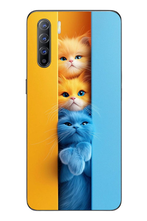 Oppo Reno 3 Uyumlu Mavi Sarı Kediler Baskılı Silikon Kılıf