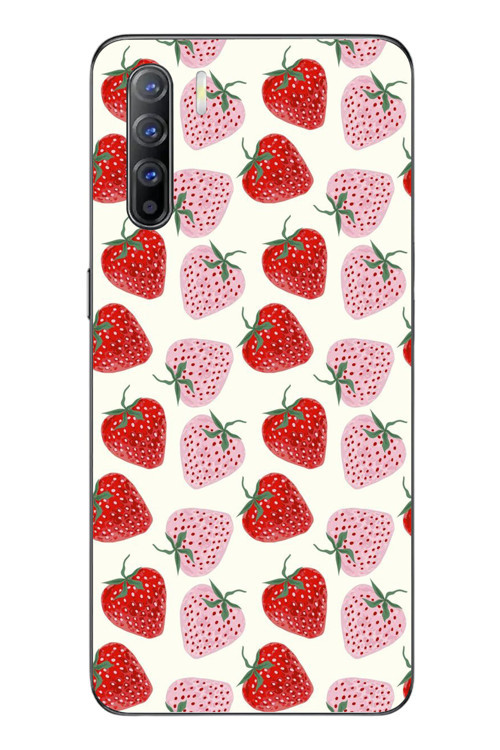 Oppo Reno 3 Uyumlu Kırmızı Pembe Çilekler Baskılı Silikon Kılıf