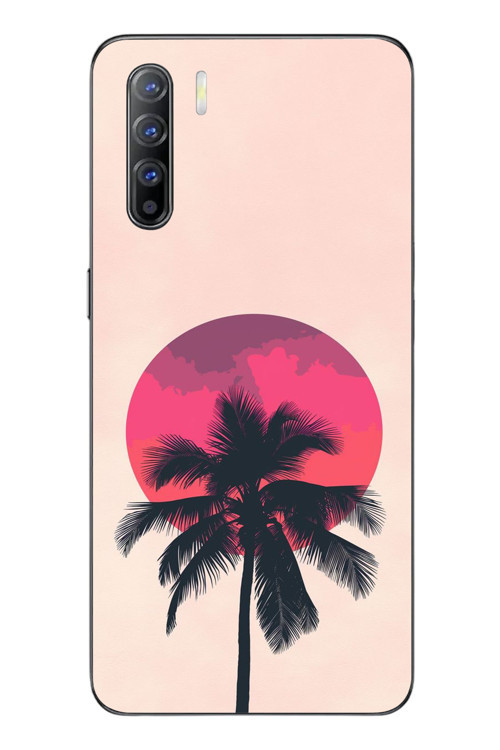Oppo Reno 3 Uyumlu Palmiye Kırmızı Ay Baskılı Silikon Kılıf