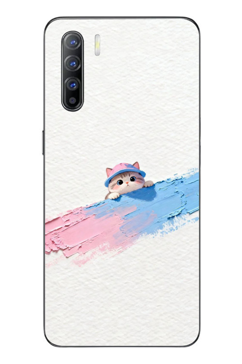 Oppo Reno 3 Uyumlu Pembe Mavi Kedi Baskılı Silikon Kılıf