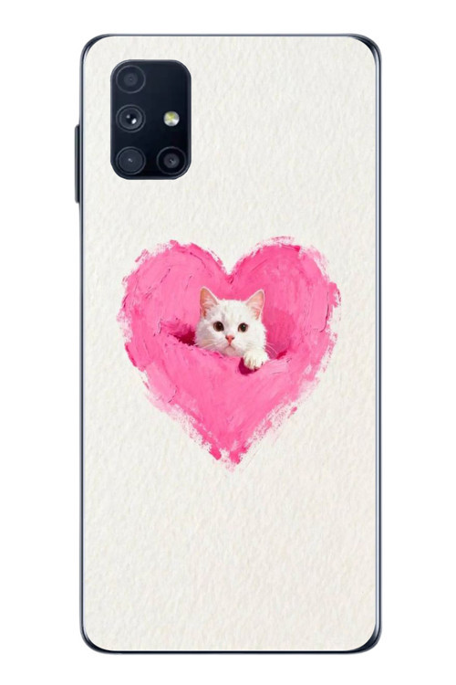 Samsung Galaxy M51 Uyumlu Pembe Kalpli Kedi Baskılı Silikon Kılıf