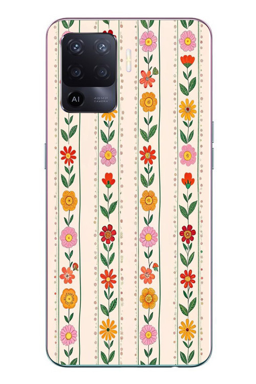 Oppo Reno 5 Lite Uyumlu Çiçekler ve Yaprakları Baskılı Silikon Kılıf