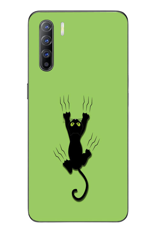 Oppo Reno 3 Uyumlu Tutunan Kedi Baskılı Silikon Kılıf
