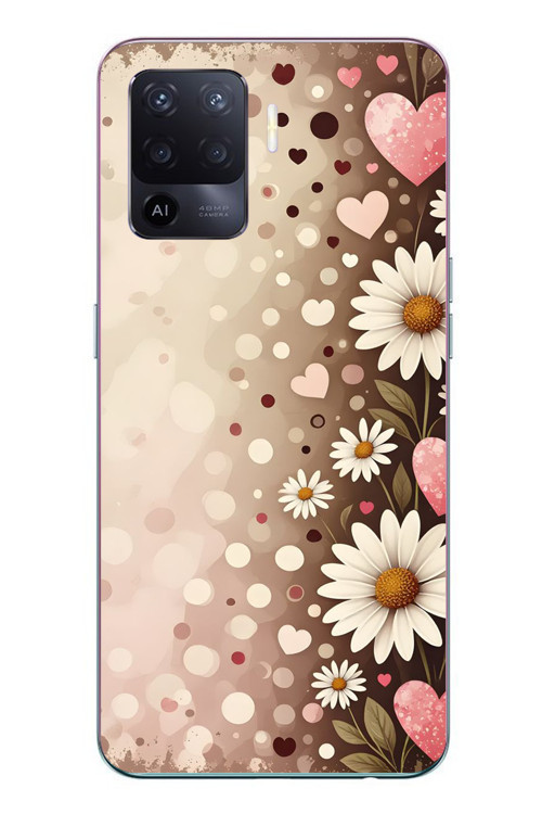 Oppo Reno 5 Lite Uyumlu Kalpli Papatya Damlaları Baskılı Silikon Kılıf