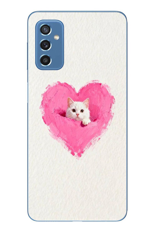 Samsung Galaxy M52 Uyumlu Pembe Kalpli Kedi Baskılı Silikon Kılıf