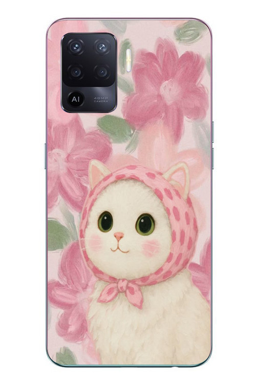 Oppo Reno 5 Lite Uyumlu Pembe Örtülü Kedi Baskılı Silikon Kılıf