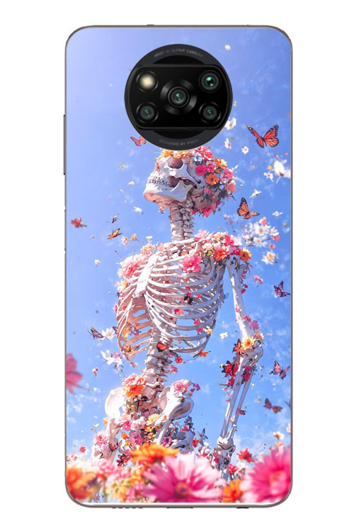 Poco X3 Uyumlu İskelet Çiçekleri Baskılı Silikon Kılıf