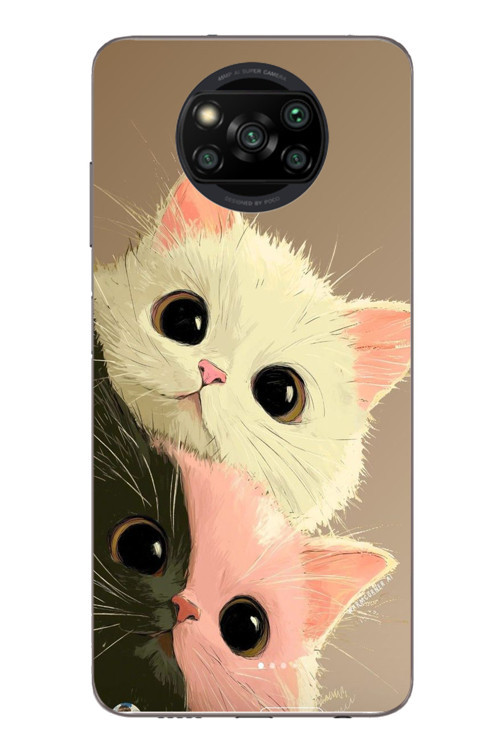 Poco X3 Uyumlu Pembe Siyah Beyaz Kedi Baskılı Silikon Kılıf