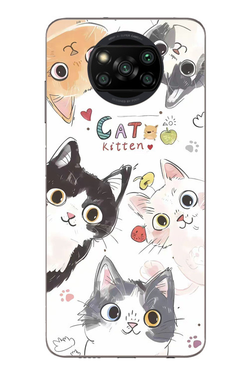 Poco X3 Uyumlu Sevimli Kediler Baskılı Silikon Kılıf