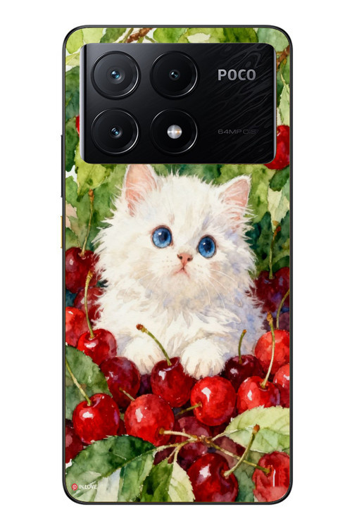 Poco X6 Pro Uyumlu Kirazlı Kedi Baskılı Silikon Kılıf