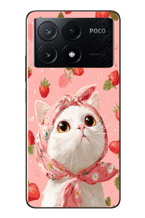 Poco X6 Pro Uyumlu Örtülü Kedi Çilekli Baskılı Silikon Kılıf