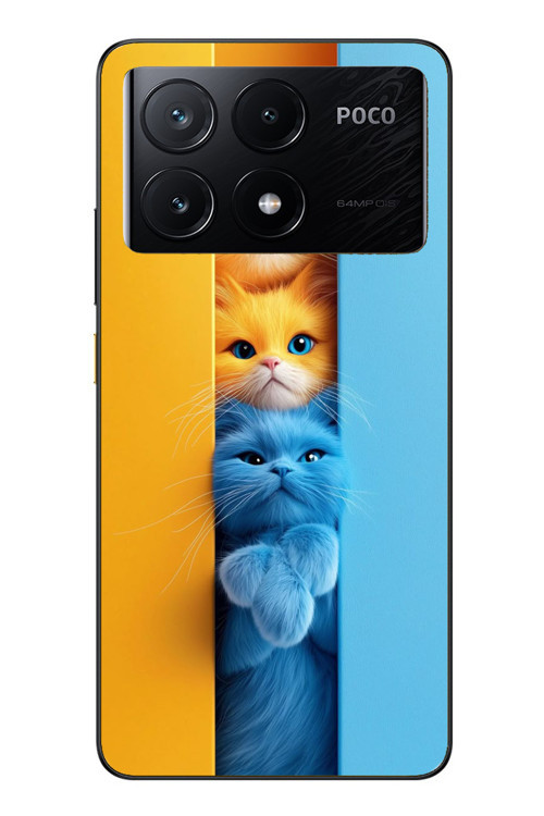 Poco X6 Pro Uyumlu Mavi Sarı Kediler Baskılı Silikon Kılıf