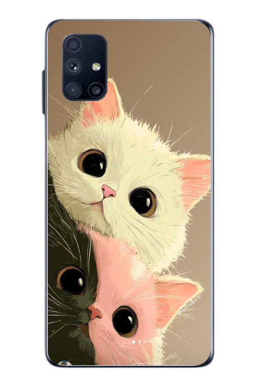 Samsung Galaxy M51 Uyumlu Pembe Siyah Beyaz Kedi Baskılı Silikon Kılıf