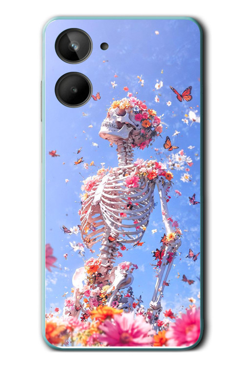 Realme 10 4G Uyumlu İskelet Çiçekleri Baskılı Silikon Kılıf