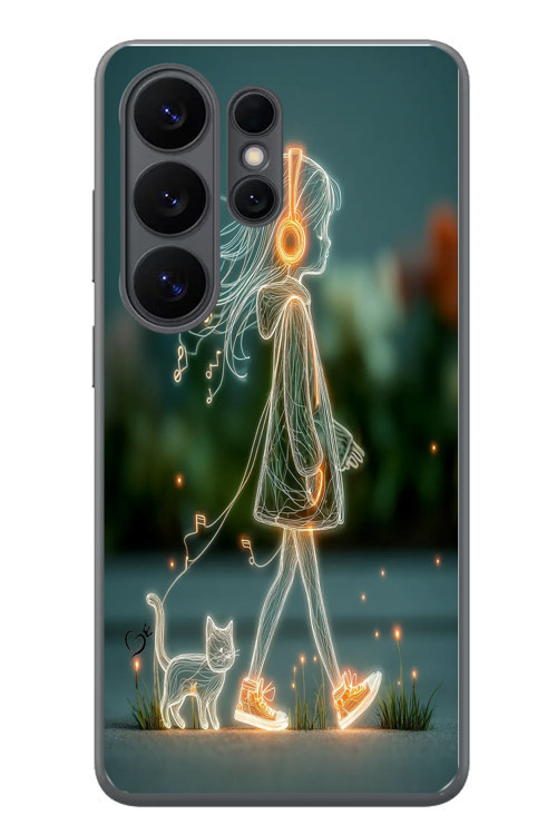 Samsung Galaxy S26 Ultra Uyumlu Kedili Neon Kız Baskılı Silikon Kılıf