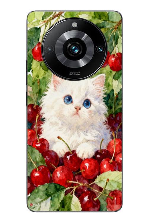 Realme 11 Pro Uyumlu Kirazlı Kedi Baskılı Silikon Kılıf