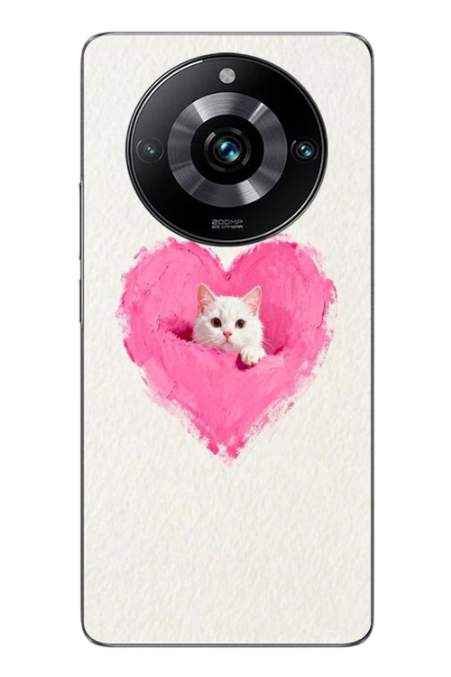 Realme 11 Pro Uyumlu Pembe Kalpli Kedi Baskılı Silikon Kılıf