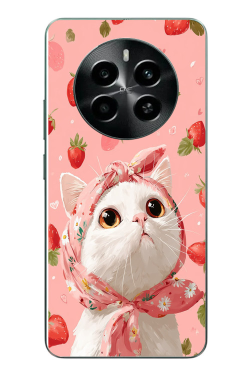 Realme 12 4G Uyumlu Örtülü Kedi Çilekli Baskılı Silikon Kılıf