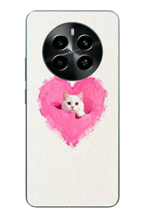 Realme 12 4G Uyumlu Pembe Kalpli Kedi Baskılı Silikon Kılıf