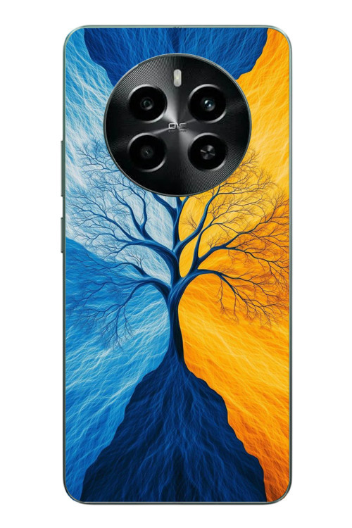 Realme 12 4G Uyumlu Sarı Mavi Ağaç Baskılı Silikon Kılıf