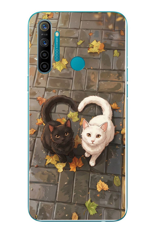 Realme 5i Uyumlu Kalp Kuyruklu Kediler Baskılı Silikon Kılıf