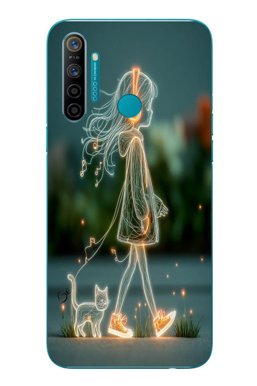 Realme 5i Uyumlu Kedili Neon Kız Baskılı Silikon Kılıf