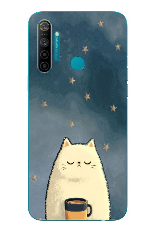 Realme 5i Uyumlu Kahveci Beyaz Kedir Baskılı Silikon Kılıf
