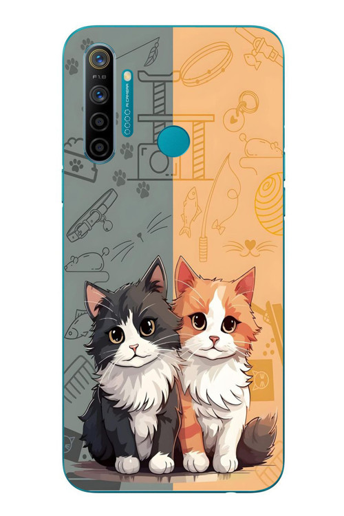 Realme 5i Uyumlu Sarı ve Siyah Kedi Baskılı Silikon Kılıf