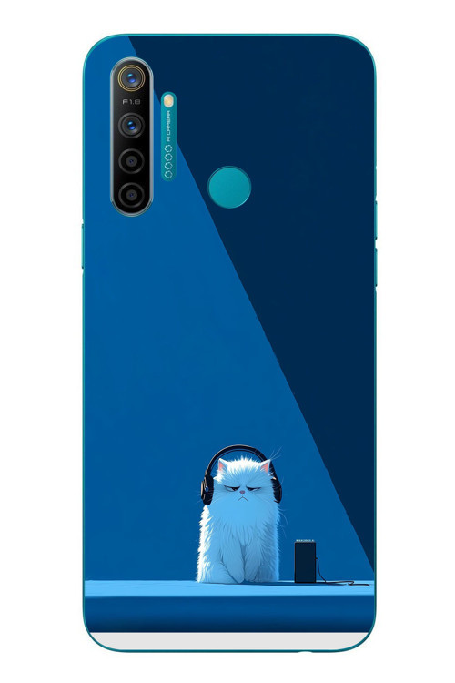Realme 5i Uyumlu Kulaklı Kedi Baskılı Silikon Kılıf