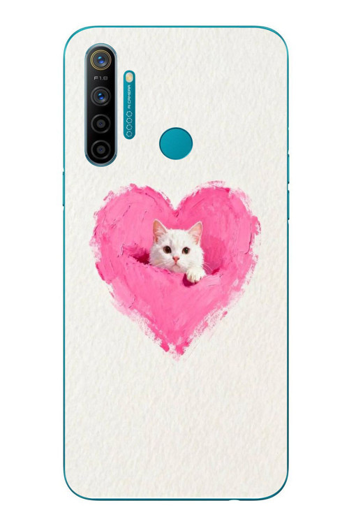 Realme 5i Uyumlu Pembe Kalpli Kedi Baskılı Silikon Kılıf