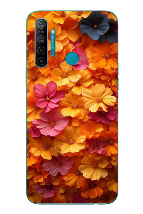 Realme 5i Uyumlu Sarı Pembe Çiçekler Baskılı Silikon Kılıf