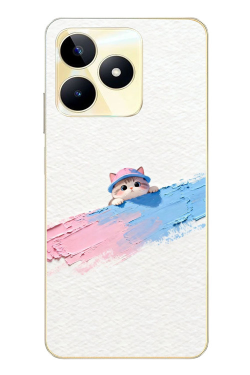 Realme C53 Uyumlu Pembe Mavi Kedi Baskılı Silikon Kılıf